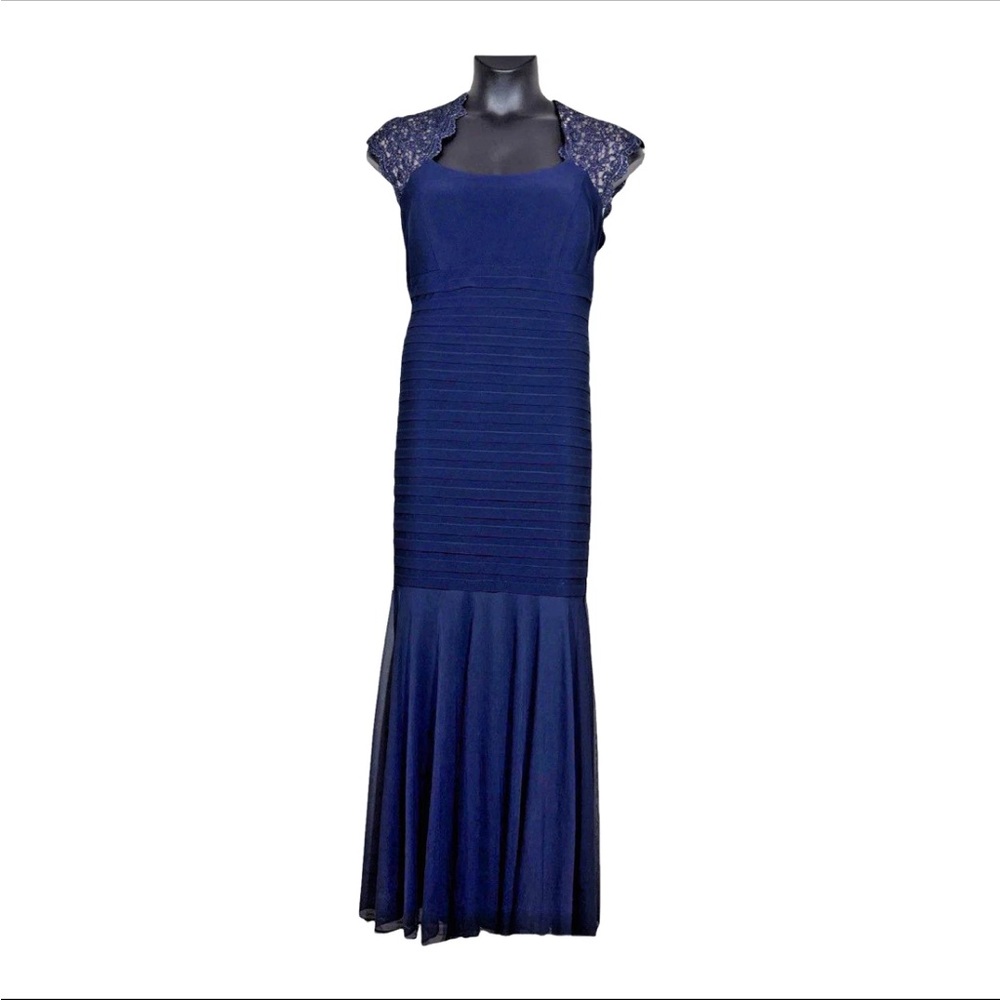 XSCAPE 16W formal dress gown tiered mermaid empire chiffon lace bodice cap sleev
